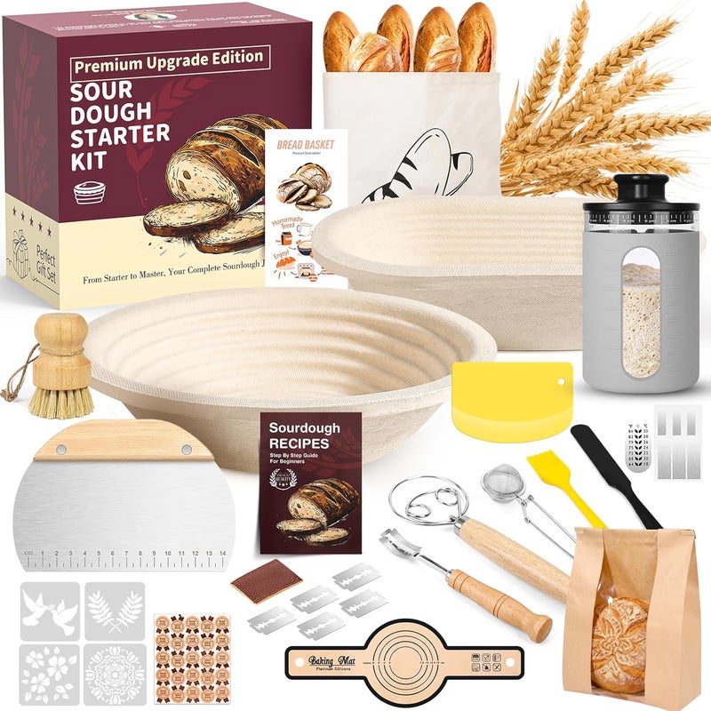 Risecret Deluxe Sourdough Starter Kit with Wood Pulp 9" Round & 10" Oval Bannetons & Personalized 34 oz Sourdough Starter Jar Air Flow Lid, Bread Sling Scrapers & Bag Complete Sourdough Bread Baking Supplies - Image 1